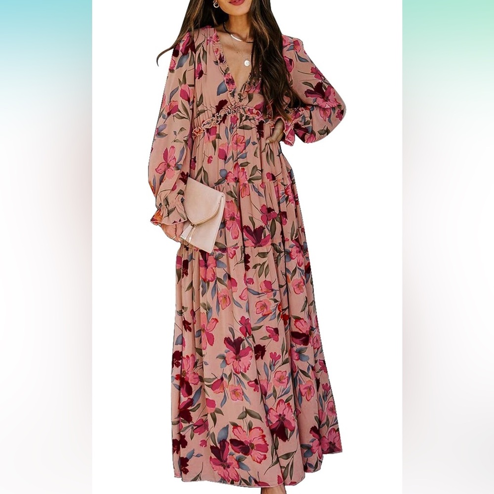 Amazon Womens Casual Floral Deep V Neck Long Sleeve Long Dress